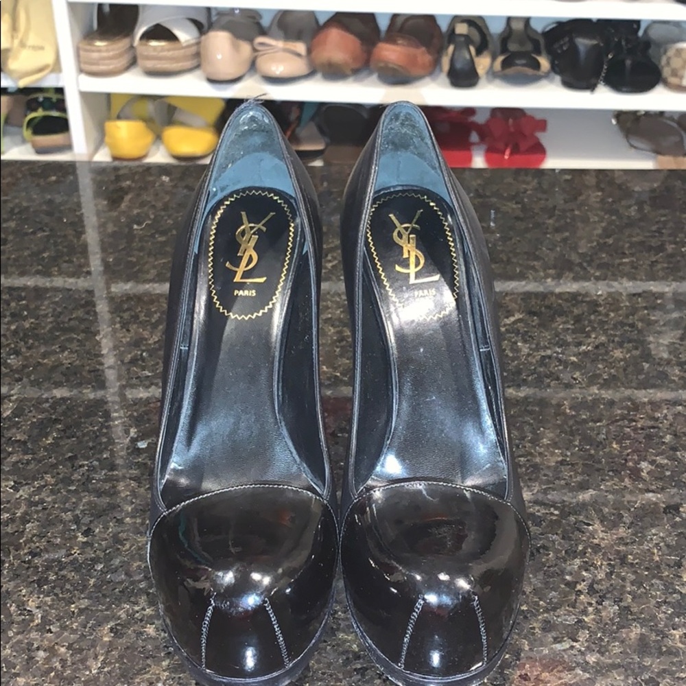 YSL Women's Round Toe Platform Pumps Leather Black